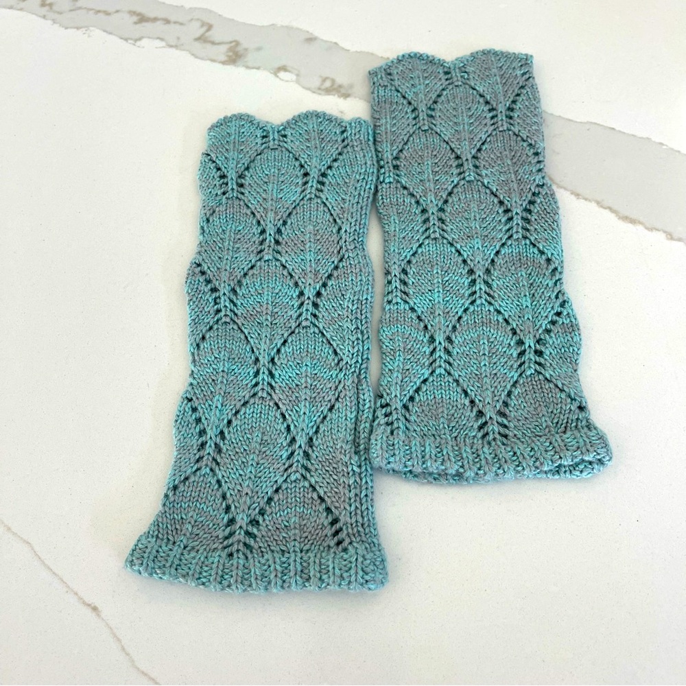 Handmade knit wrist warmers scalloped edge with thumb holes